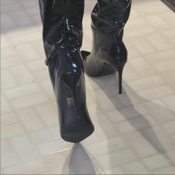 Patent Stilettos boots 4.3 in heel approx 16 tall, gold buckle, designer… - Picture 6 of 8
